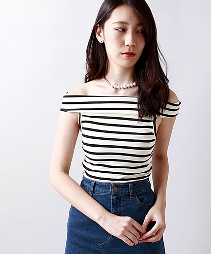 WEGO/ボーダーオフショルダーTシャツ