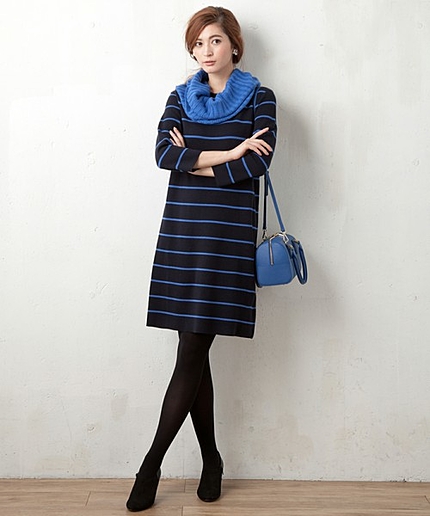 【スヌード付き】ミラノリブボーダーニットワンピース