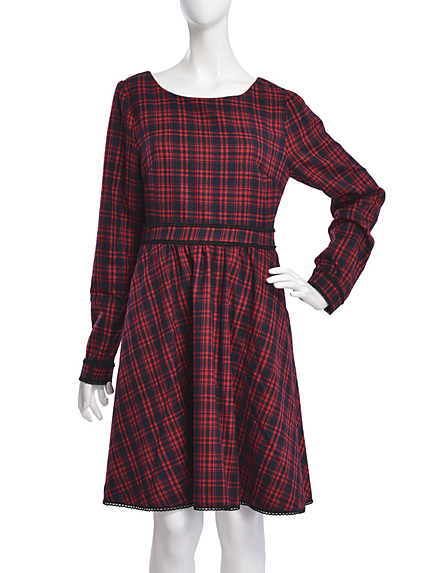 【girly】ピコレースチェックフレアワンピース