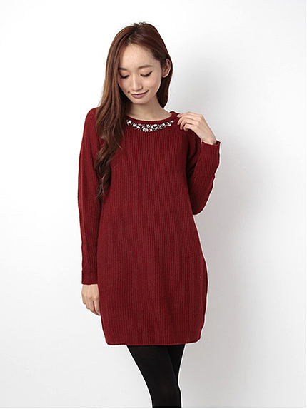 衿ビジューニットワンピース