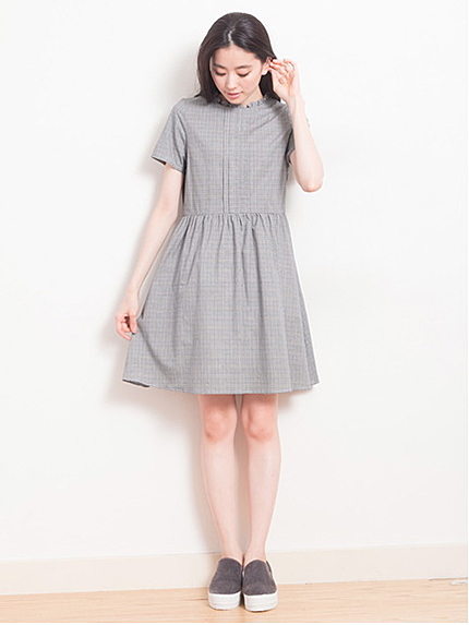 グレンチェックスタンドフリルワンピース