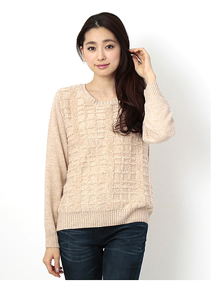 チェック柄編みニットプルオーバー