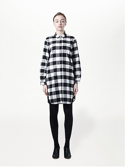 ブロックチェック柄長袖シャツワンピース