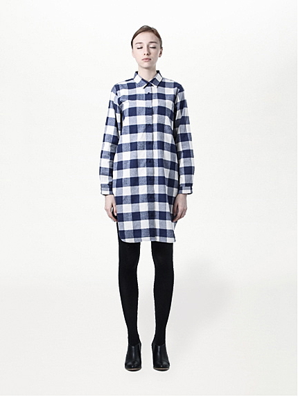 ブロックチェック柄長袖シャツワンピース