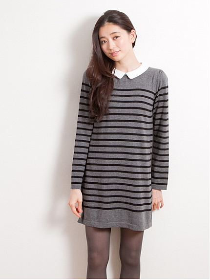 <サイズコンシェルジュ>衿付きボーダーAラインニットワンピース