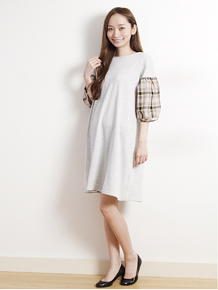 チェック7分袖ワンピース