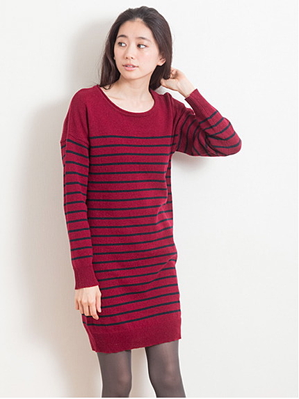 ドロップショルダーボーダーニットワンピース