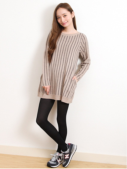 Nストライプニット長袖ワンピース