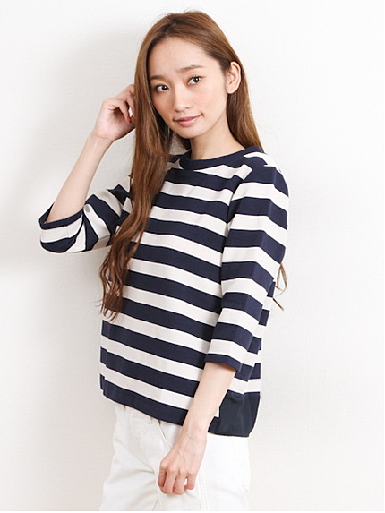 Nリップルボーダータックカット7分袖プルオーバー