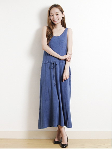 Uインディゴ染めノースリーブマキシワンピース