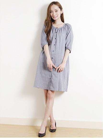 U杢調ギャザー7分袖ワンピース