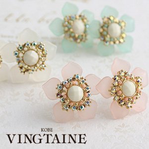 ビジュー×パステルフラワーピアス/イヤリング/大ぶり/ストーン P1234