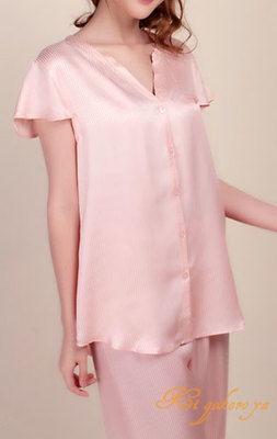 ストライプ　シルクパジャマ 絹100％（半袖／ベージュピンク）