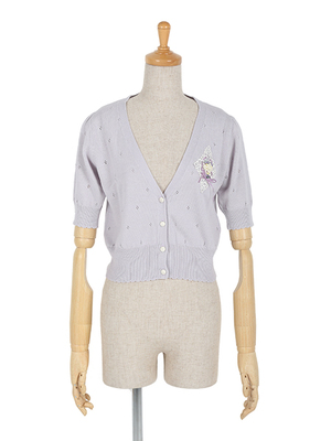 リボン刺繍レースアクリルコットン半袖ニットカーディガン/F&A