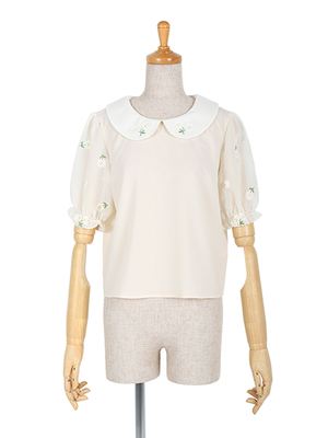 マーガレット刺繍半袖プルオーバーブラウス/F&A