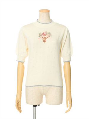 花カゴリボン刺繍半袖ニットプルオーバー/F i.n.t