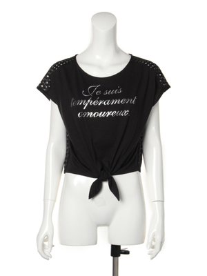 バックレース箔ロゴ裾結びTシャツ