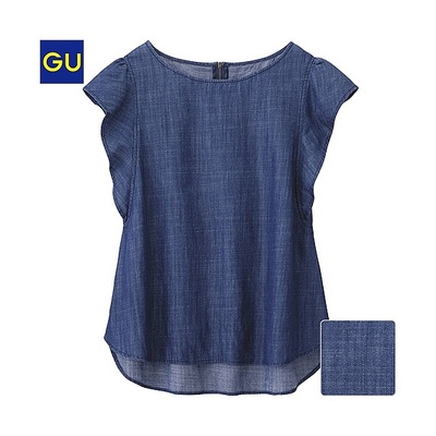 （GU）テンセルデニムフリルブラウス（ノースリーブ）