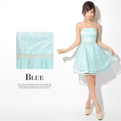 総レース胸下切り替えパールつきフレアミニドレス