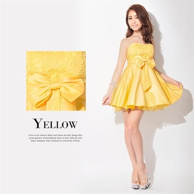 ウエストビックリボン付きサテンAラインベアミニドレス