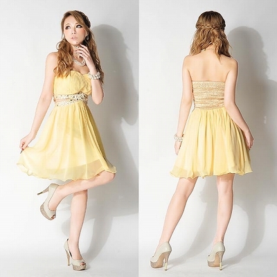 ビジュー付きウエストカットベアフレアミニドレス