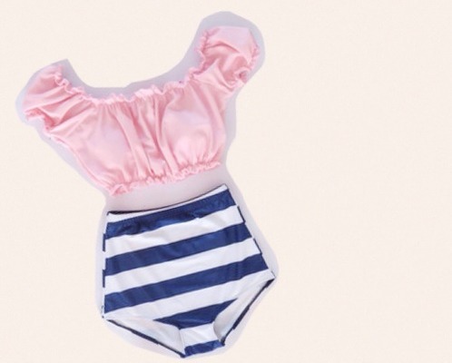 オフショルダー ボーダー ハイウエストビキニ