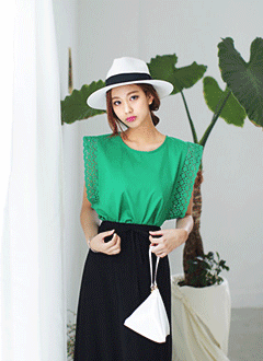 ラウンドネックパンチングスリーブブラウス・全4色・t44322