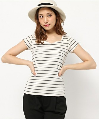 ハートネックリブボーダー半袖Tシャツ