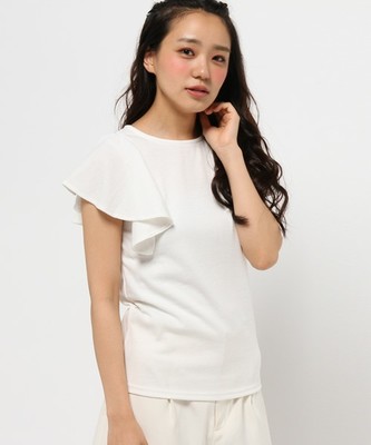 肩フリルリブTシャツ