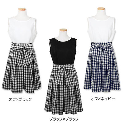 ギンガムフレアスカートドッキングノースリーブワンピース