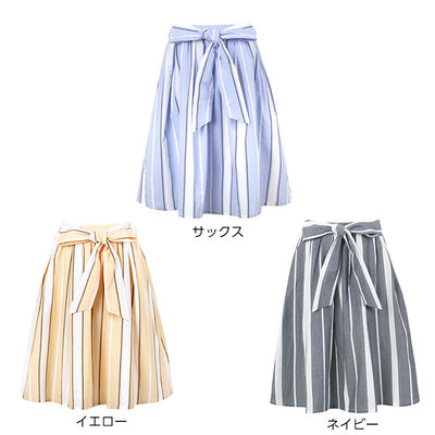 取外し可ウエストリボン付マルチストライプ膝丈フレアスカート