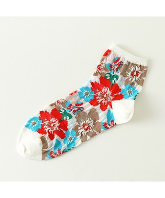 【WOMEN】ガーゼ調エスニック花柄ショートソックス