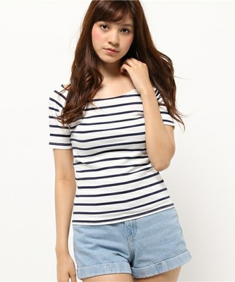 UPSTART テレコボーダー背中Ｖネックトップス