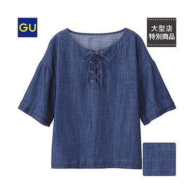 （GU）テンセルデニムＴブラウス（レースアップ・５分袖）