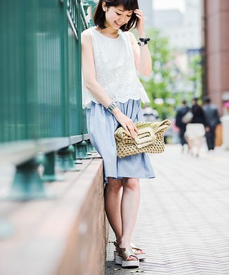 コットン刺繍ブラウスストライプスカートワンピース