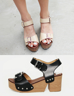 ウッドテクスチャーソールベルテッドデザイン6.5cmヒールストラップサンダル・全2色