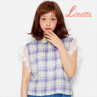 Linetta ノースリーブレース切換えチェックブラウス