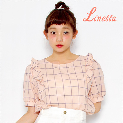 Linetta 4分袖サイドフリルチェックブラウス