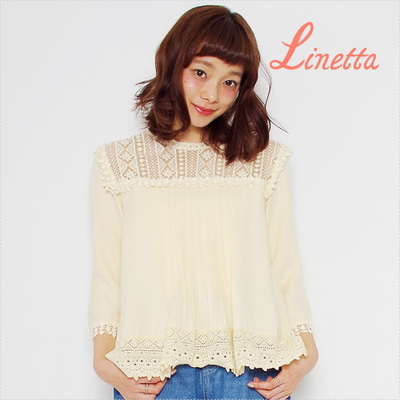 Linetta 【スタイルブック掲載商品】 レース切替6分袖ブラウス 