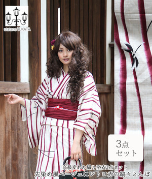 utatane 高級変わり織り浴衣3点セット 先染め風ベージュにレトロ赤の縞々とんぼ 