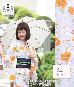 utatane 高級変わり織り浴衣3点セット オレンジの朝顔