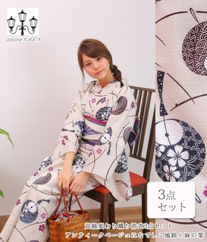 utatane 高級変わり織り浴衣3点セット アンティークベージュになでしこ風鈴と麻の葉