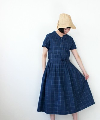 インディゴチェック*ストライプ　切替シャツワンピース