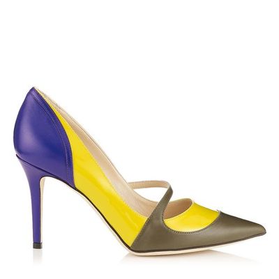 MANTIC Khaki Green カーフレザー X Acid Yellow パテントレザー X Violet キッドレザー・ポインテッドトゥパンプス