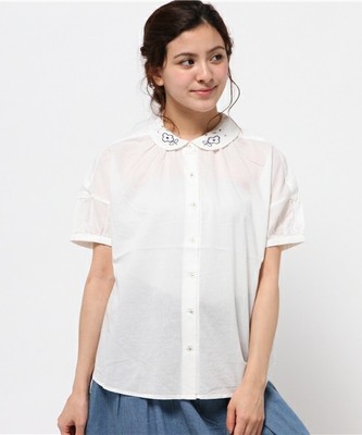 刺繍衿パフ袖ブラウス