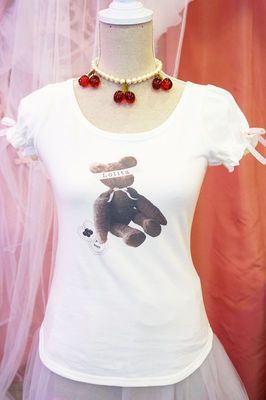 seacret BearTシャツ(オフホワイト×ピンクチェックリボン)