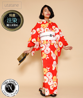 utatane　注染（ちゅうせん）　レトロレッドに白黄の椿