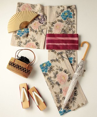 <三島>刷毛目細 牡丹 浴衣