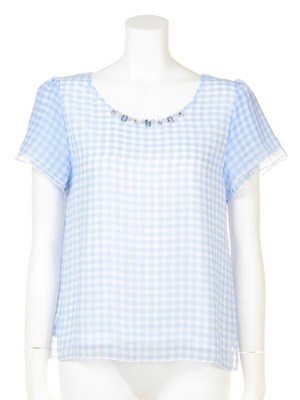 ギンガムシフォンビジューブラウス