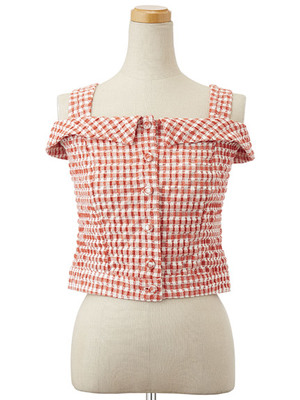 ギンガムオフショルトップス